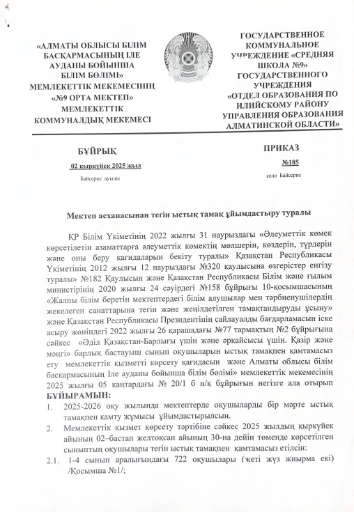 Мектеп асханасына тегін ыстық тамақты ұйымдастыру туралы